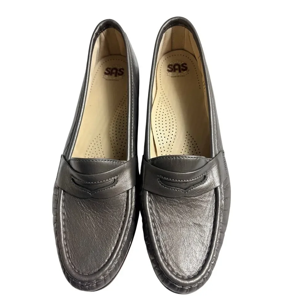 SAS Tripad Penny Loafers Metallic Pewter Silver Leather Slip-On Size 10 Comfort - Picture 1 of 5